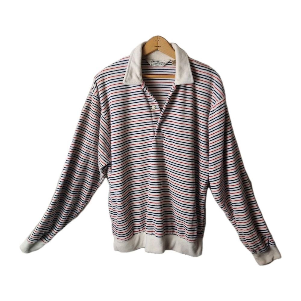 VTG Sears Mens VELOUR Shirt Pullover M Stripes Long Sleeve 1970s 1980s & Roebuck